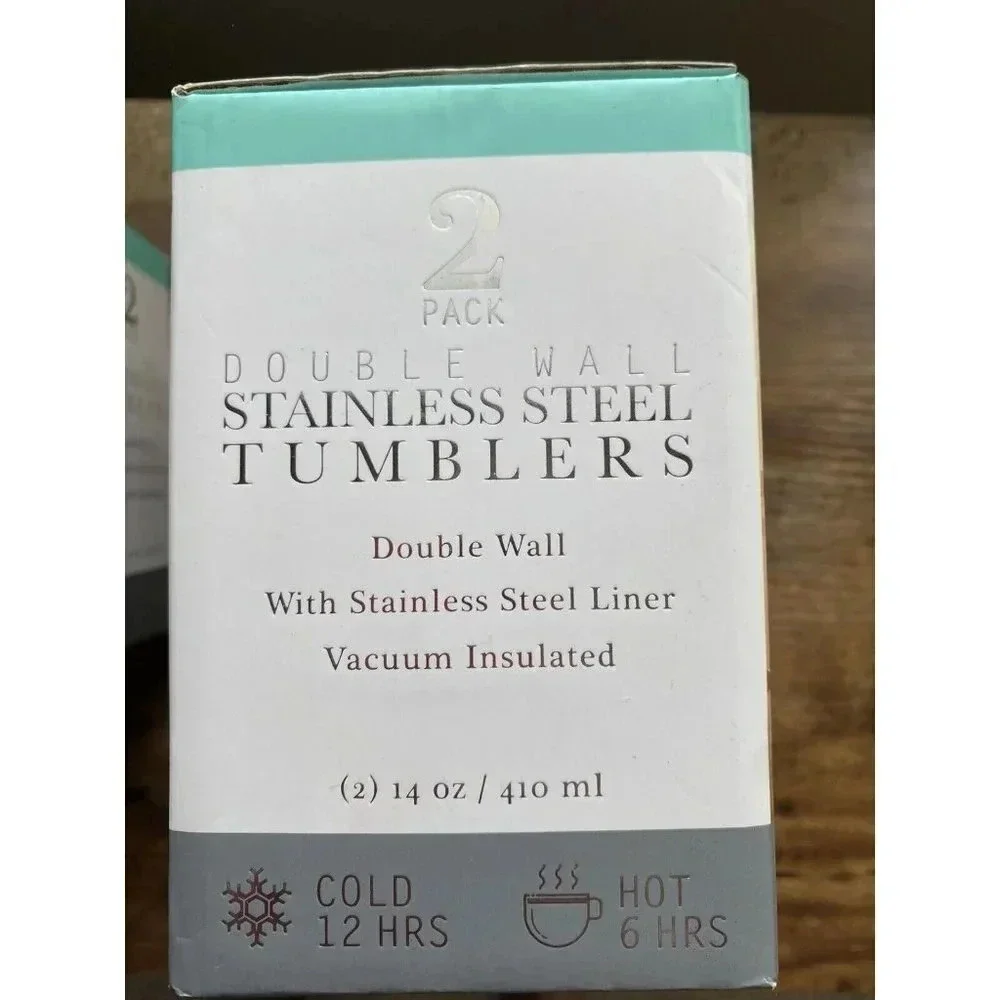 NIB Wellness 2 pk Stainless Steel Tumblers Double Wall 14 oz Silver & Wood Grain